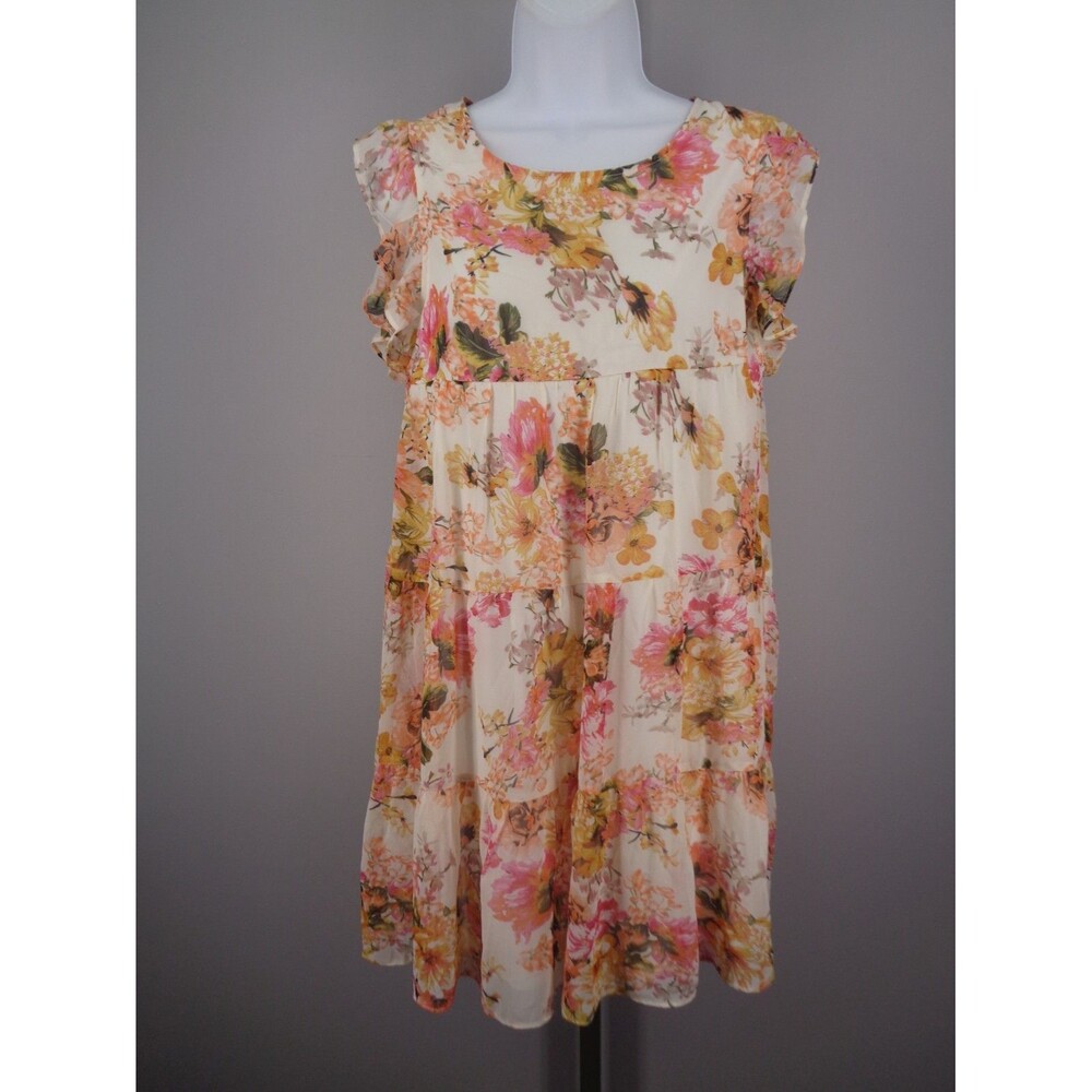 Aakaa Floral Flutter Sleeve Tiered Mini Dress Size Small